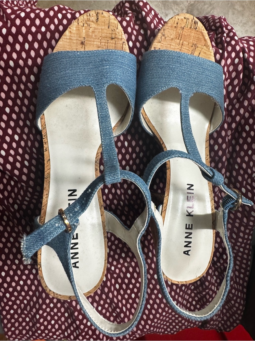 Anne Klein Denim T‑Strap Cork Wedge Sandals - Picture 6 of 6